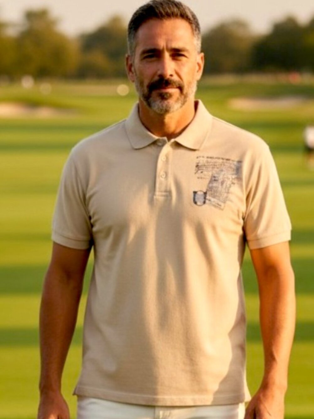 Great Adolfo Golf Tan Picot Graphic Print Short Sleeve Golf Shirt Size XL GUC